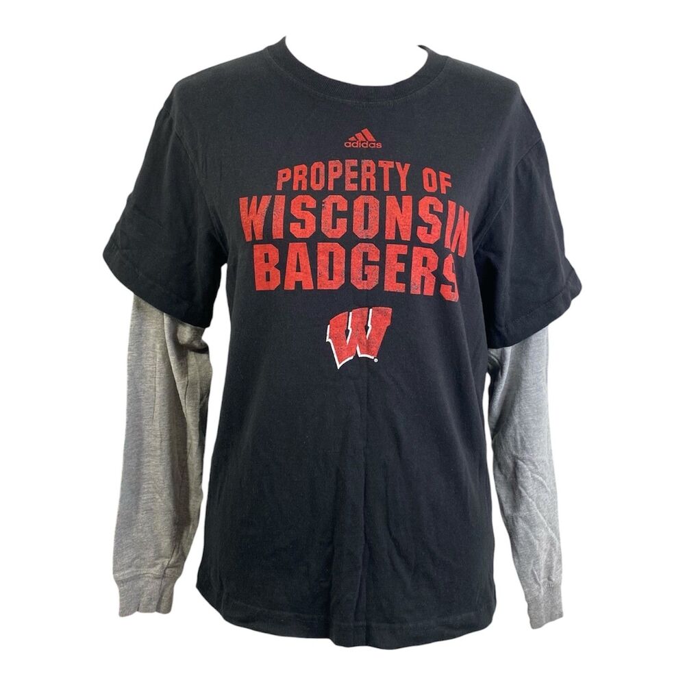 Adidas Wisconsin Badgers Shirt Boys Large Black Gray Long Sleeve Athletic NCAA